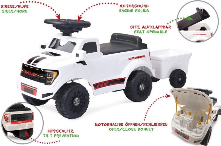 Bērnu stumjamā mašīna JAMARA Shelby Ford F-150 Raptor ar piekabi, balta