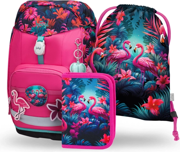 Skolas komplekts BAAGL Airy Plus Flamingo – mugursoma, penālis un maisiņš
