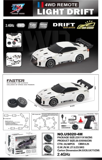 R/C drifta auto 1:20 ar gaismām, balts