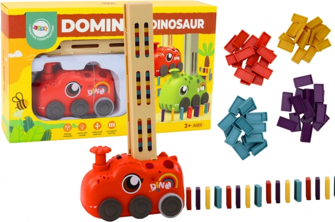 Sarkans dinozauru vilcieniņš ar baterijām, kas būvē krāsainu domino