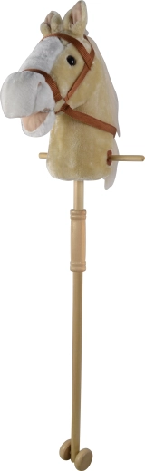 Beige hobby horse with sounds and wheels, removable wooden stick (95 cm)