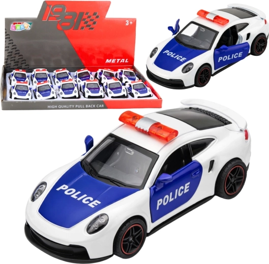 Metāla policijas sporta auto ar pull-back piedziņu 1:43, balts