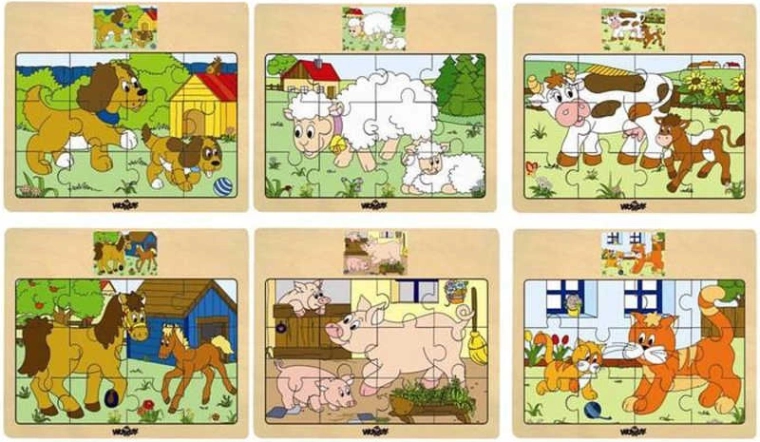 Woody koka puzle uz dēlīša – mājdzīvnieki ar mazuļiem – 1 gab.