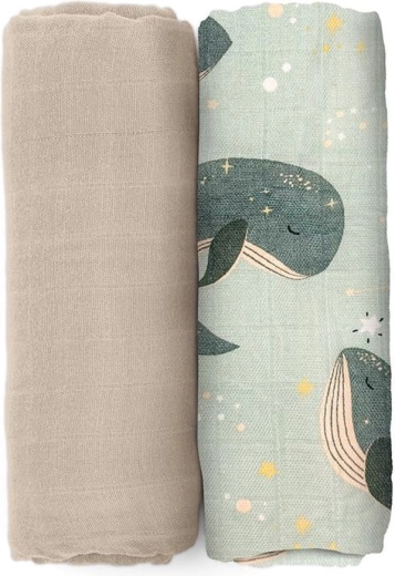 Petite&Mars bambusa muslīna ietinamie autiņi Misty whale song 120 × 120 cm (2 gab.)