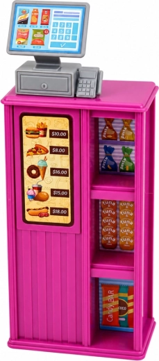 Checkout station with cash register and shelves