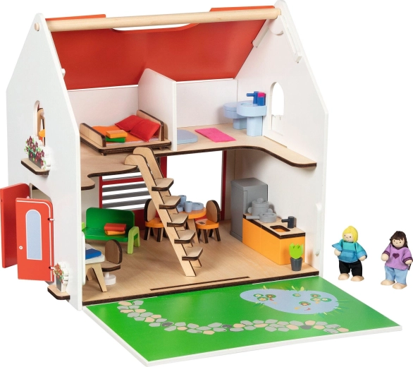 Pārnēsājama koka leļļu māja Eco House ar piederumiem