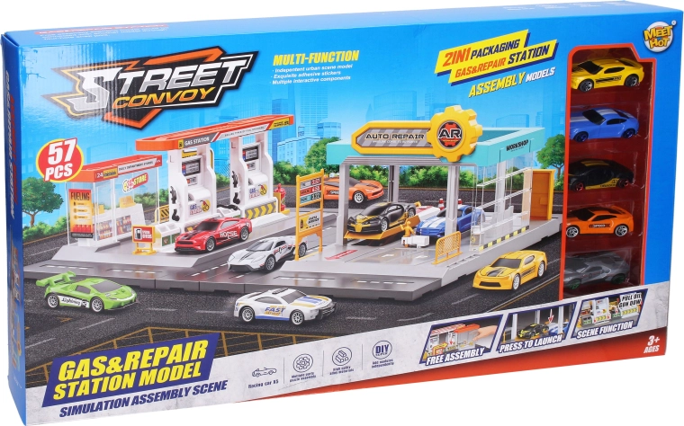 Gas station and car service 2-in-1 with 5 metal cars