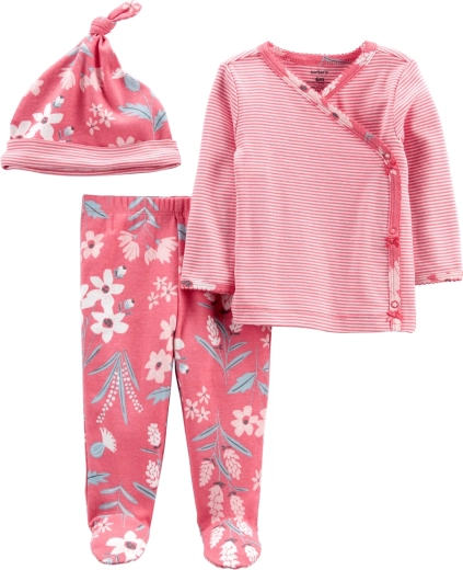 Carter’s meiteņu komplekts Pink Flower – apvelkams krekliņš ar garām piedurknēm, pusšortiņi ar pēdiņām un cepure