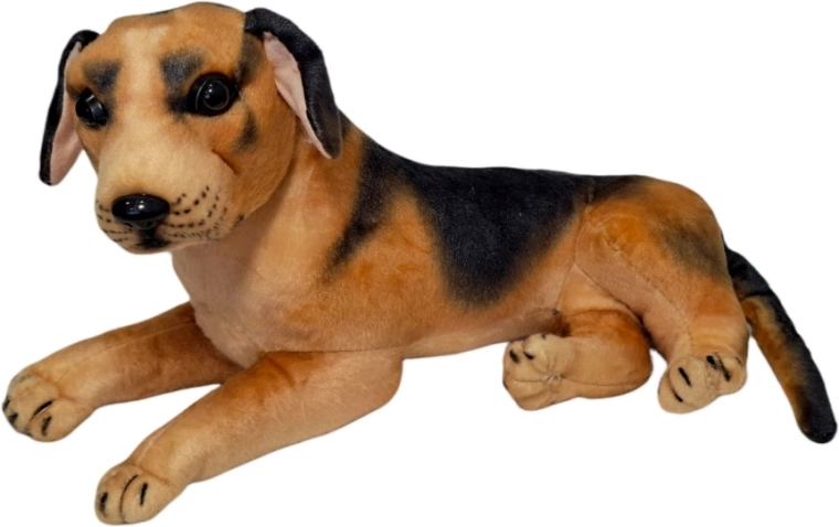 Plush dog in a brown-black design