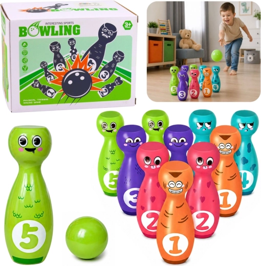 Children’s Bowling Pins with Faces – Educational Set of 10 Pins and 2 Balls