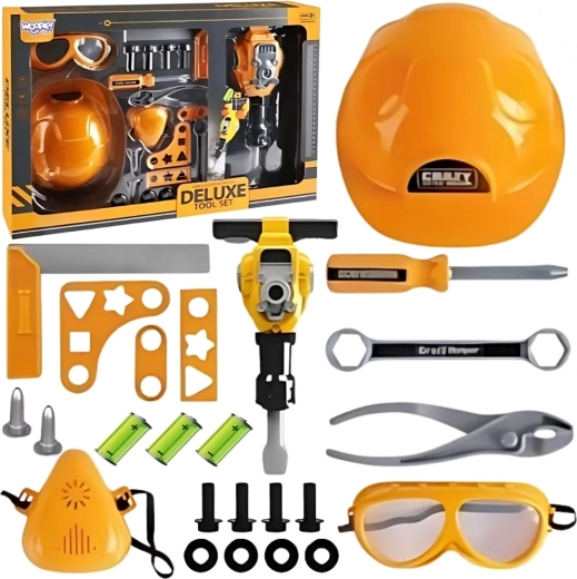 Woopie tool set for little DIYers with goggles, helmet and pneumatic hammer, 21 pieces