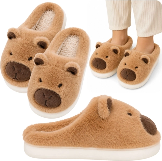 Plush capybara house slippers with ears, beige (size 32–33)