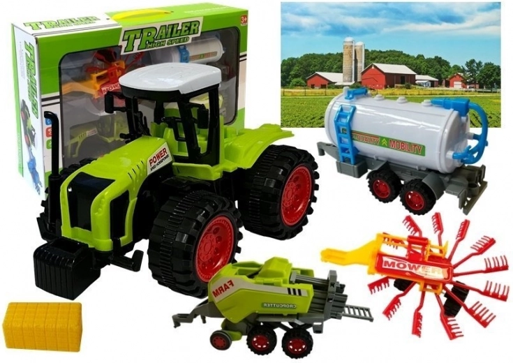 Farm vehicle set with tractor, water tanker, hay rake and baler