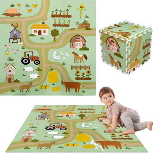 Putu rotaļu paklājs 90 × 90 cm – bieza puzle, 9 HUMBI daļas, ferma un lauku ceļi