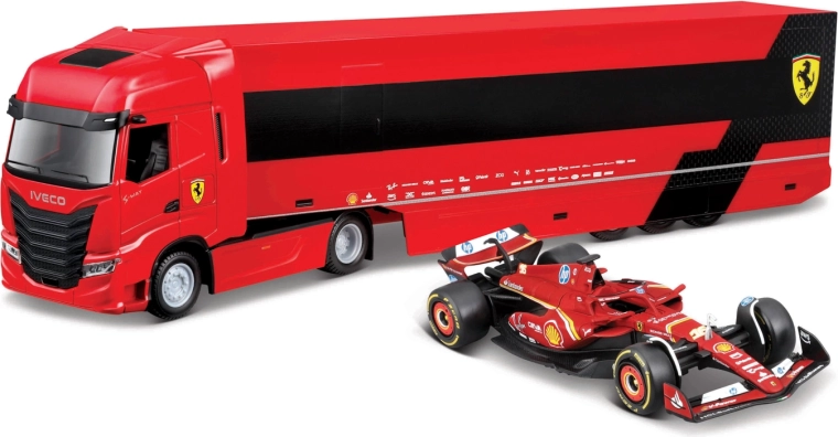 Bburago Ferrari sacīkšu vilcējs Iveco ar piekabi un F1 Ferrari SF-24 2024 (Charles Leclerc) 1:43