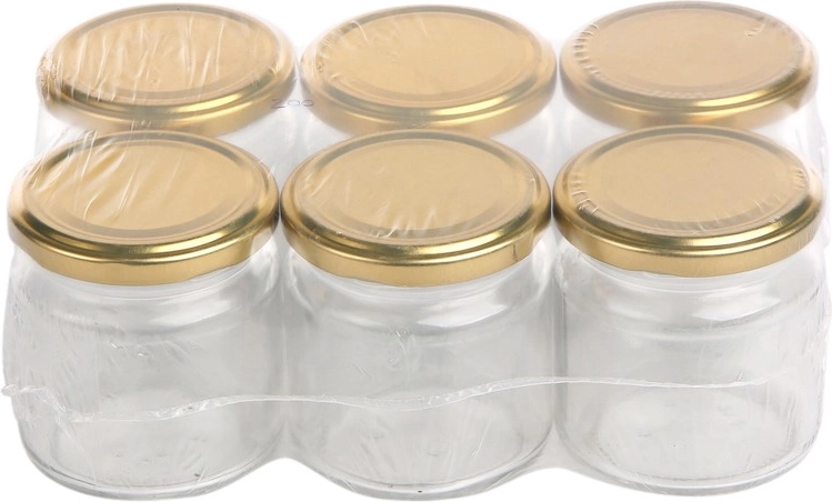Komplekts: 6 stikla konservēšanas burciņas 200 ml ar zelta vāciņiem 66 mm