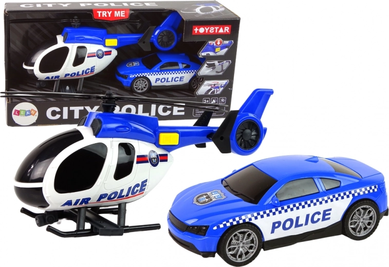 Policijas komplekts: helikopters un auto ar skaņu – zils