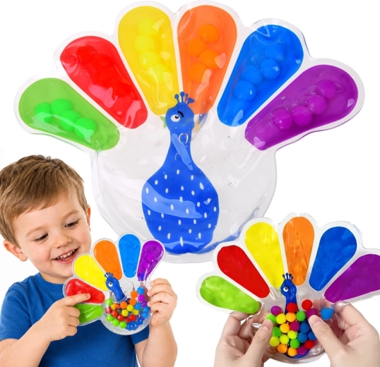 Sensorā mačkājamā rotaļlieta fidget pāvs ar krāsainām bumbiņām - 1 gabals
