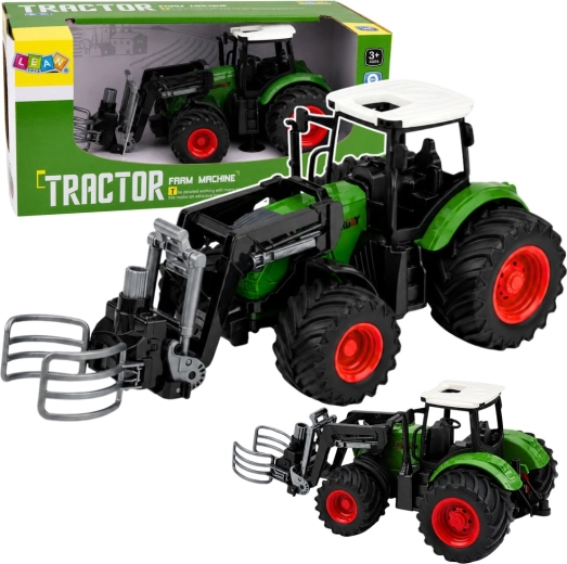 Lauksaimniecības traktors ar priekšējo iekrāvēju un ķīļsatvērēju ruloniem 1:24, zaļš