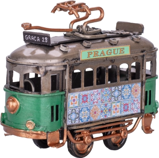 Metāla tramvaja modelis Prague 9 cm – zaļa dekoratīva tramvajs ar brīvgaitu