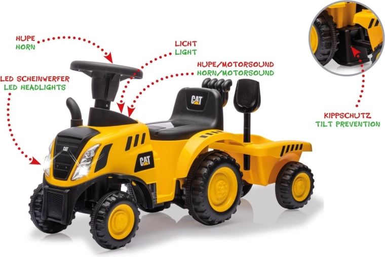 Bērnu stumjamais CAT traktors ar piekabi 2 vienā, dzeltens