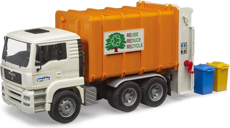Bruder MAN TGA atkritumu savākšanas auto ar atkritumu tvertnēm, 1:16