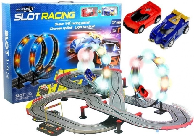 Sacīkšu slota autodromes komplekts ar LED cilpām 1:43, 2 auto
