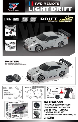 R/C drifta auto 1:20 ar gaismām, pelēks - 1 gab.