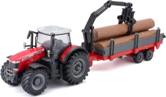 Bburago Farmland traktors MASSEY FERGUSON 8740S ar iekrāvēju un kokmateriālu piekabi 10 cm