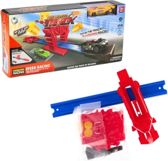 Racing track with a toy car and launcher ramp