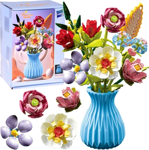 Flower building set – bouquet of 8 wildflowers in a vase, 691 pieces