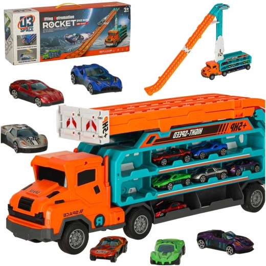 Kravas auto – auto transportieris ar divjoslu sacīkšu trasi, oranžs