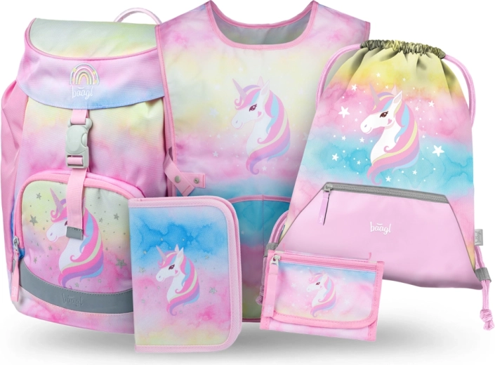 Baagl set 5 Airy Rainbow Unicorn – school backpack, pencil case, drawstring bag, apron and wallet