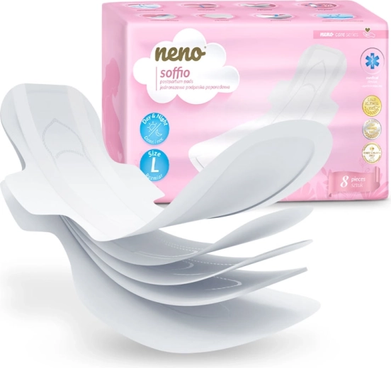 NENO pēcdzemdību higiēniskās paketes Soffio, īpaši plānas, ar spārniņiem un smaku neitralizējošu tehnoloģiju, 8 gab.
