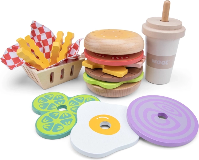 Koka ātrās ēdināšanas komplekts – hamburgers, frī kartupeļi un piena kokteilis