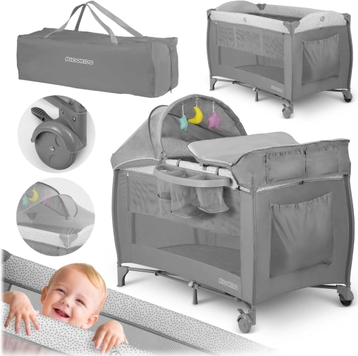 Travel cot with mattress and carry bag 125×65×78 cm, grey