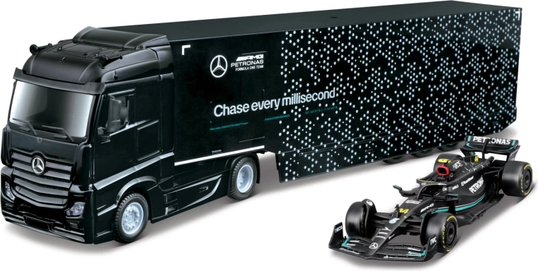 Bburago vilcējs ar piekabi F1 pārvadāšanai un Mercedes-AMG Petronas W15 (2024) George Russell modelis 1:43