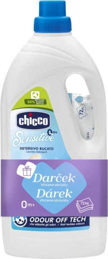 Chicco veļas mazgāšanas gēls Baby Sensitive 1,5 l + mitrās salvetes 72 gab. gratis