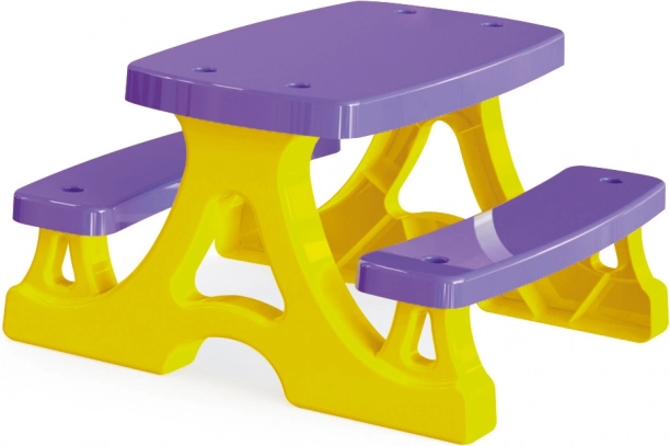 Plastmasas piknika galdiņš ar soliem, dzelteni–violets
