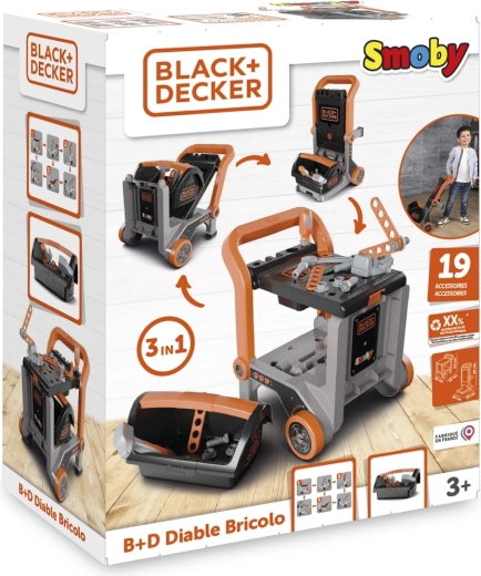 Black+Decker bērnu darbnīcas ratiņi 3v1 ar instrumentu kasti