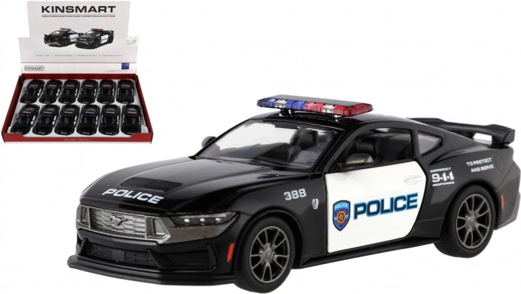 Metāla automašīnas modelis Ford Mustang Dark Horse Police 2024 1:38 ar atpakaļuzvilkšanas mehānismu, 13 cm