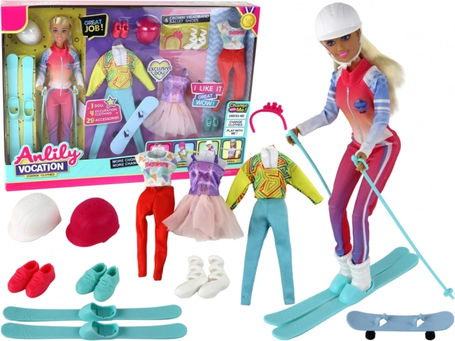 Anlily Doll sports set 4 activities: skiing, snowboard, yoga and ballet with accessories