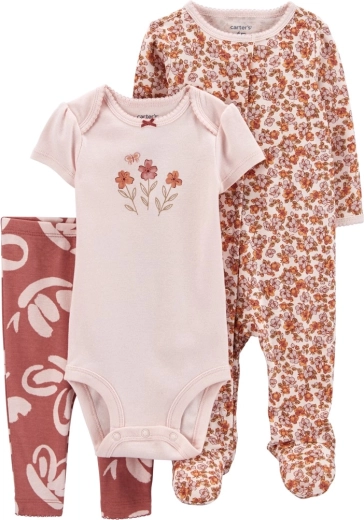 3 daļu komplekts CARTER'S: bodijs ar īsām piedurknēm, kombinezons un legingi Pink floral meitenītei – Izmērs 56