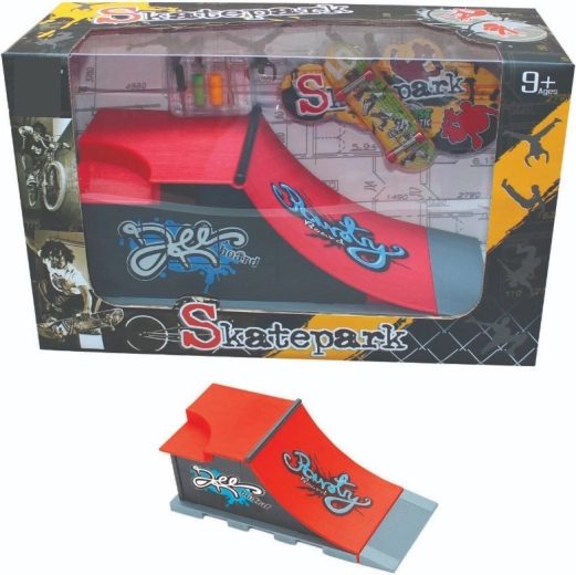 Skateparka komplekts ar slīpu rampu, reilu un fingerbordu