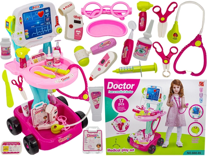 Pink kids’ doctor trolley with accessories