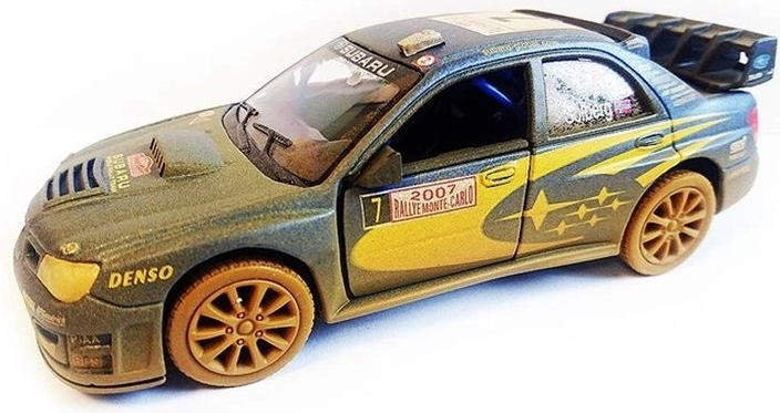 Subaru Impreza WRC 2007 bezceļu auto modelis 1:36 ar atveramām durvīm un pull-back mehānismu