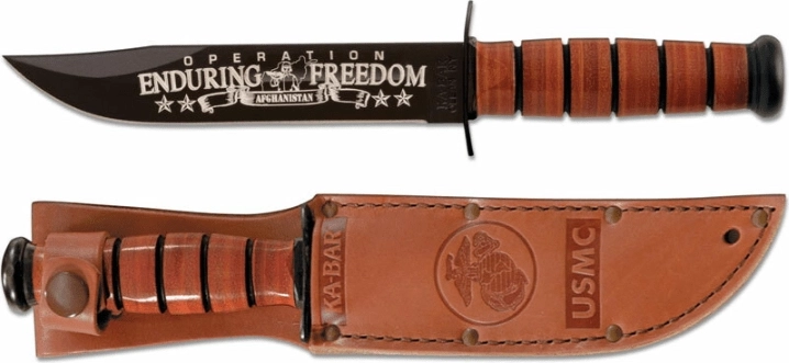 Ka-Bar piemiņas militārais nazis U.S.M.C. OEF Afghanistan 17,8 cm, melns, ādas rokturis, ādas maksts