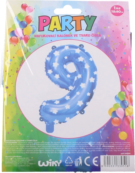 Zils piepūšams balons cipara 9 formā ar zvaigznītēm 78 × 50 cm