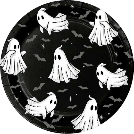 Black Paper Plates with White Ghosts, 6 pcs