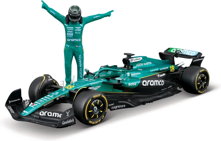 Bburago Formula 1 modelis Aston Martin AMR25 2025 Lance Stroll (numurs 18) 1:24 ar braucēja figūriņu